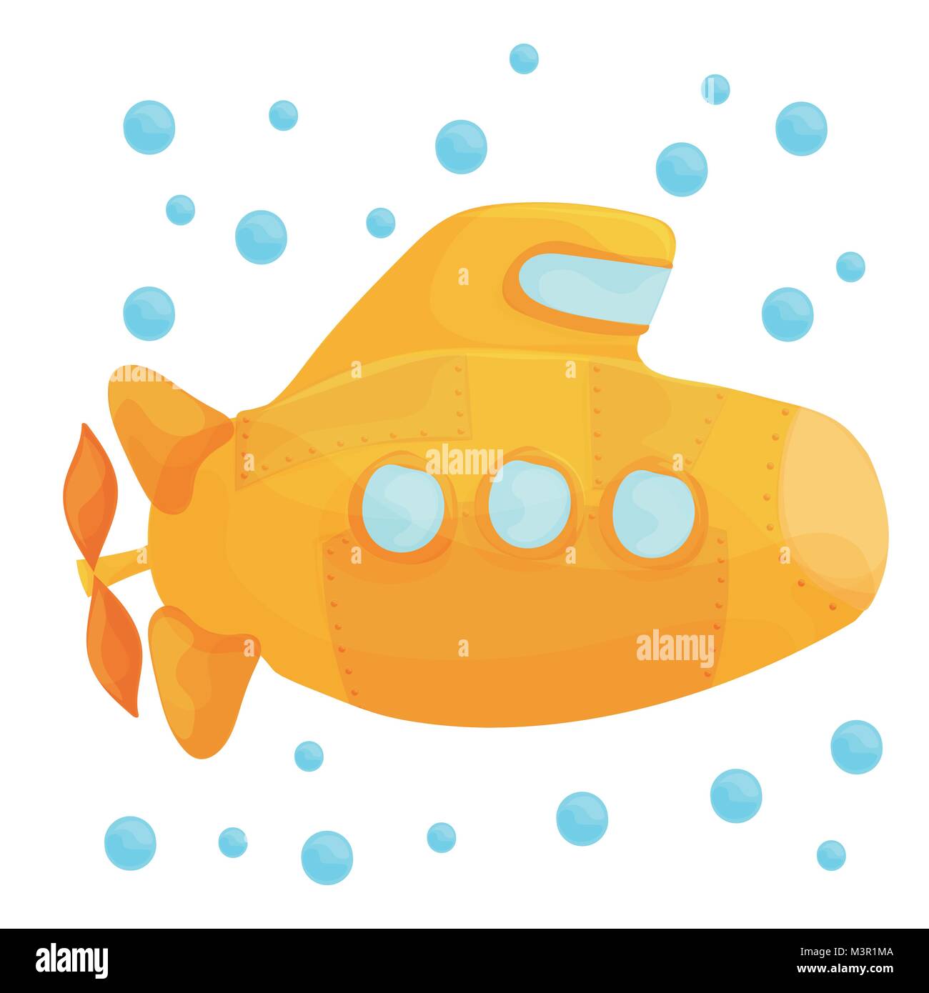 Yellow Submarine Underwater on White Background. Cartoon Design Style. Vector illustration Stock Vector