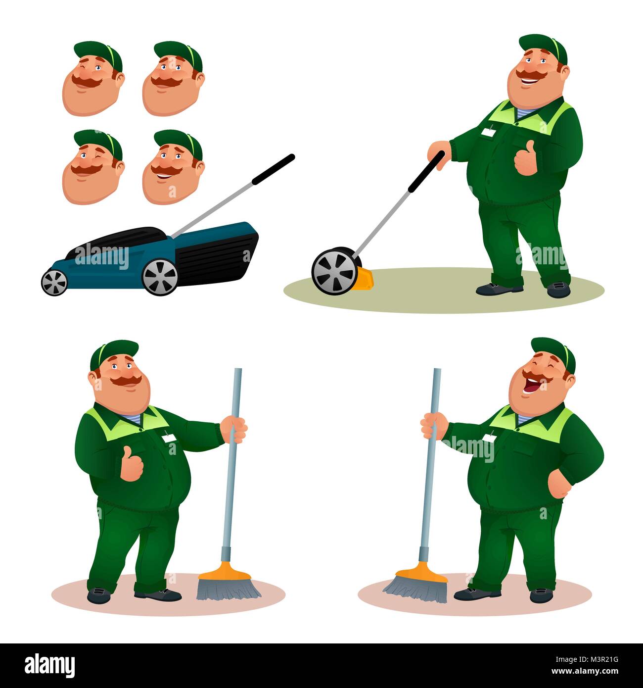 Funny cartoon janitor set with emotions. Smiling fat character gardener in green suit sweeping floor with broom. Happy flat cleaner with lawn mower and face expressions. Colorful vector illustration. Stock Vector