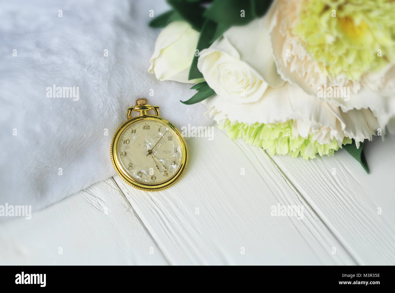 Background with white alarm clock Stock Photo