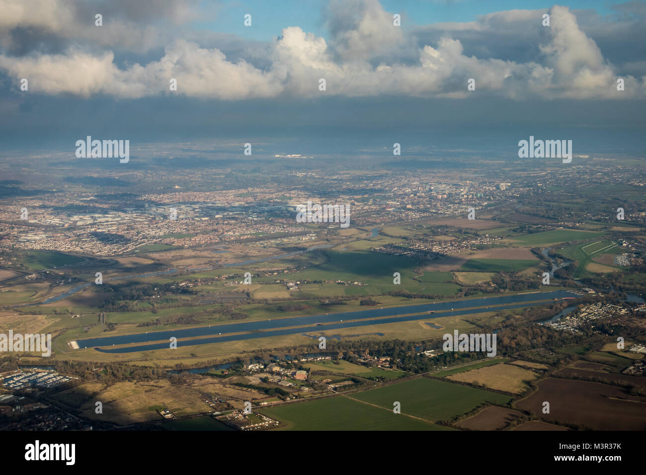Aerial view of Dorney Lake olympic rowing venue from the south. Stock Photo