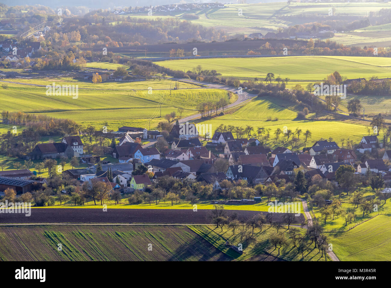 high angle view around a hill named Einkorn near Schwaebisch Hall in the evening at autumn time Stock Photo
