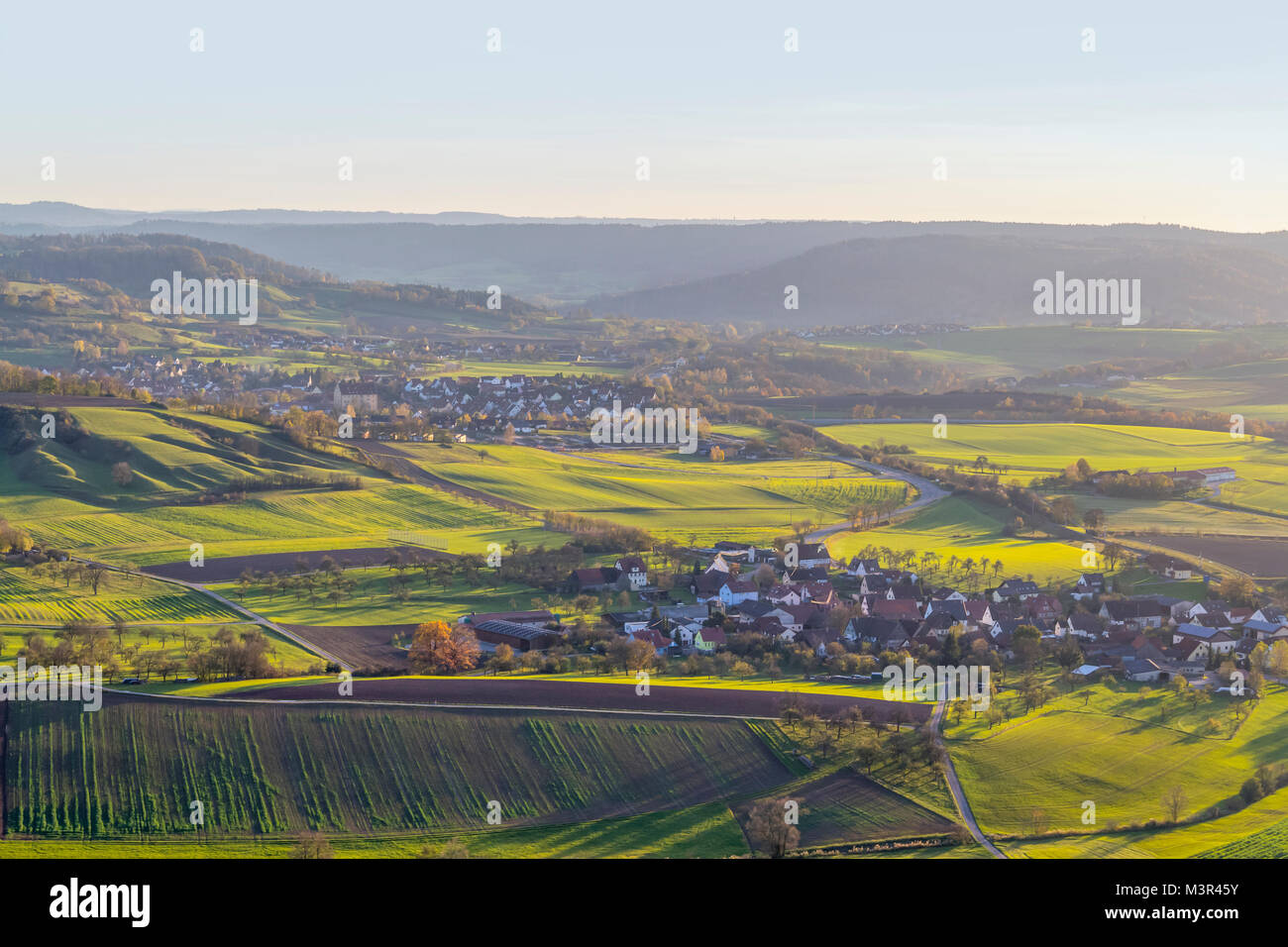 high angle view around a hill named Einkorn near Schwaebisch Hall in the evening at autumn time Stock Photo