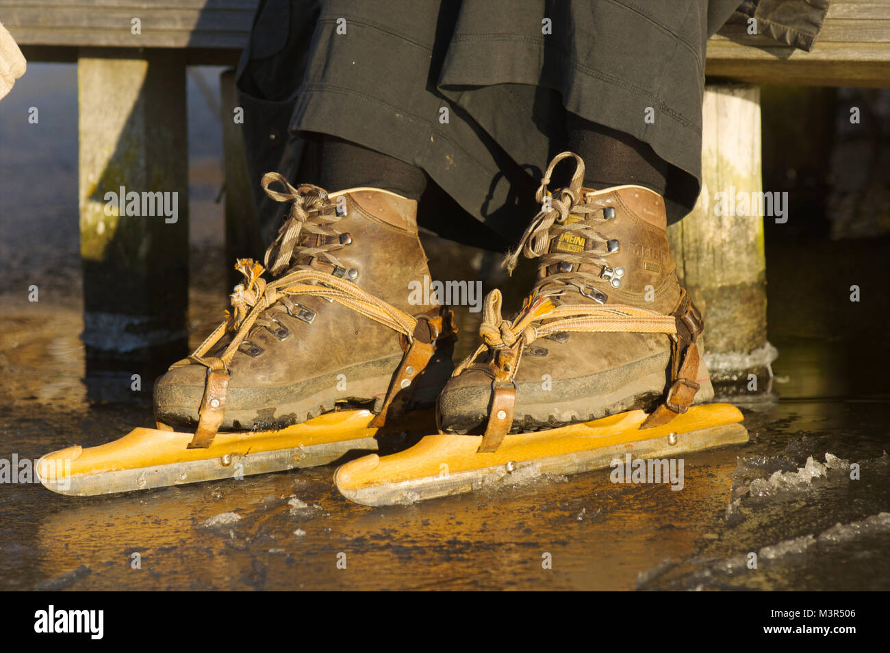 Classic wooden ice skates with boots in the Netherlands Stock Photo