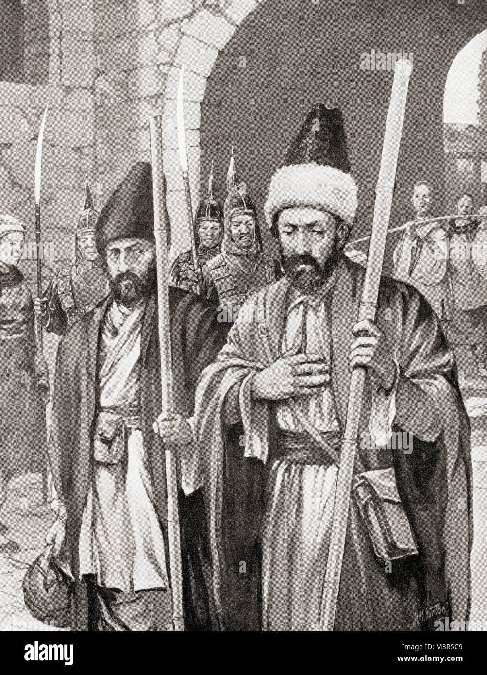 Two monks, with the support of the Byzantine emperor Justinian I, successfully smuggle silkworms into Constantinople by hiding them in bamboo staves, 6th century AD.  From Hutchinson's History of the Nations, published 1915. Stock Photo
