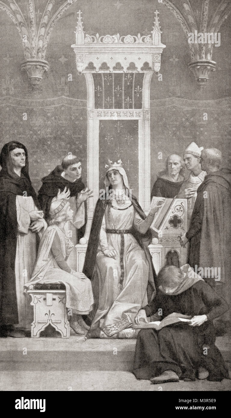 The childhood of Saint Louis.  Following the death of his father whilst Louis was still a child, he received a strict upbringing from his mother and her clerical advisors.  Louis IX, 1214 –  1270, aka Saint Louis. King of France and a canonized saint.  From Hutchinson's History of the Nations, published 1915. Stock Photo