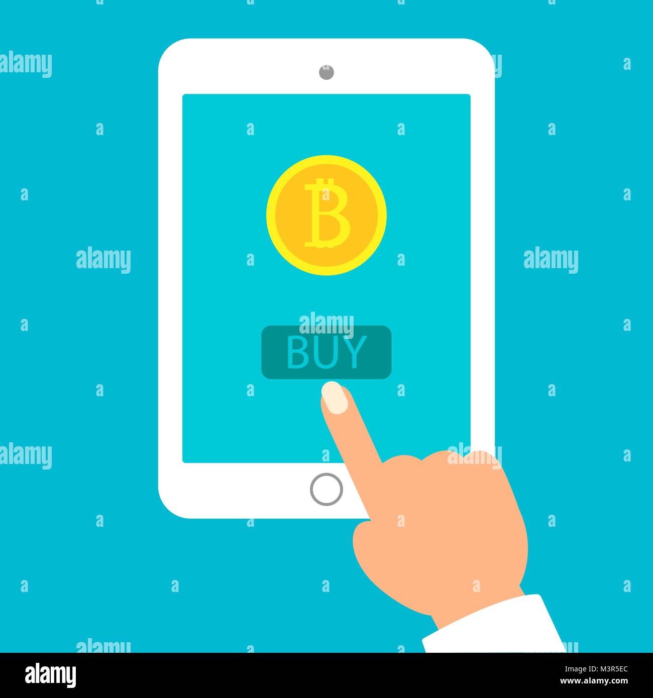 Hands with tablet with bitcoin symbol on urban background.Concept of ...