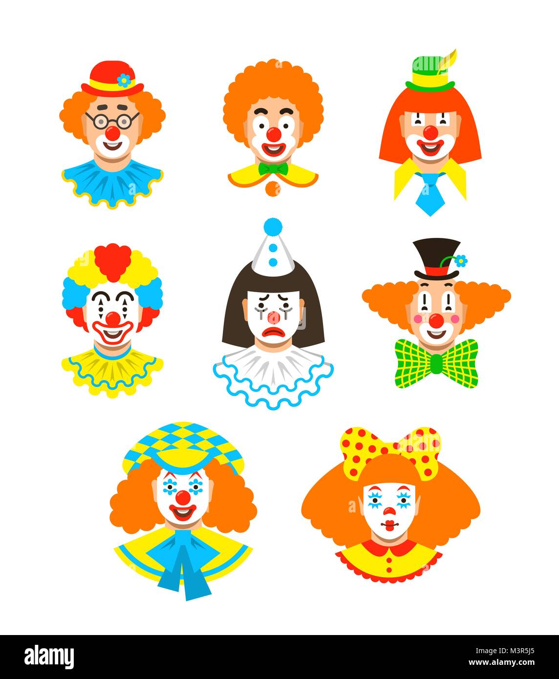 Clown faces different avatars. Vector flat icons. Cartoon illustration. Circus men and girl smiling portraits with different makeup, hair and hats Stock Vector