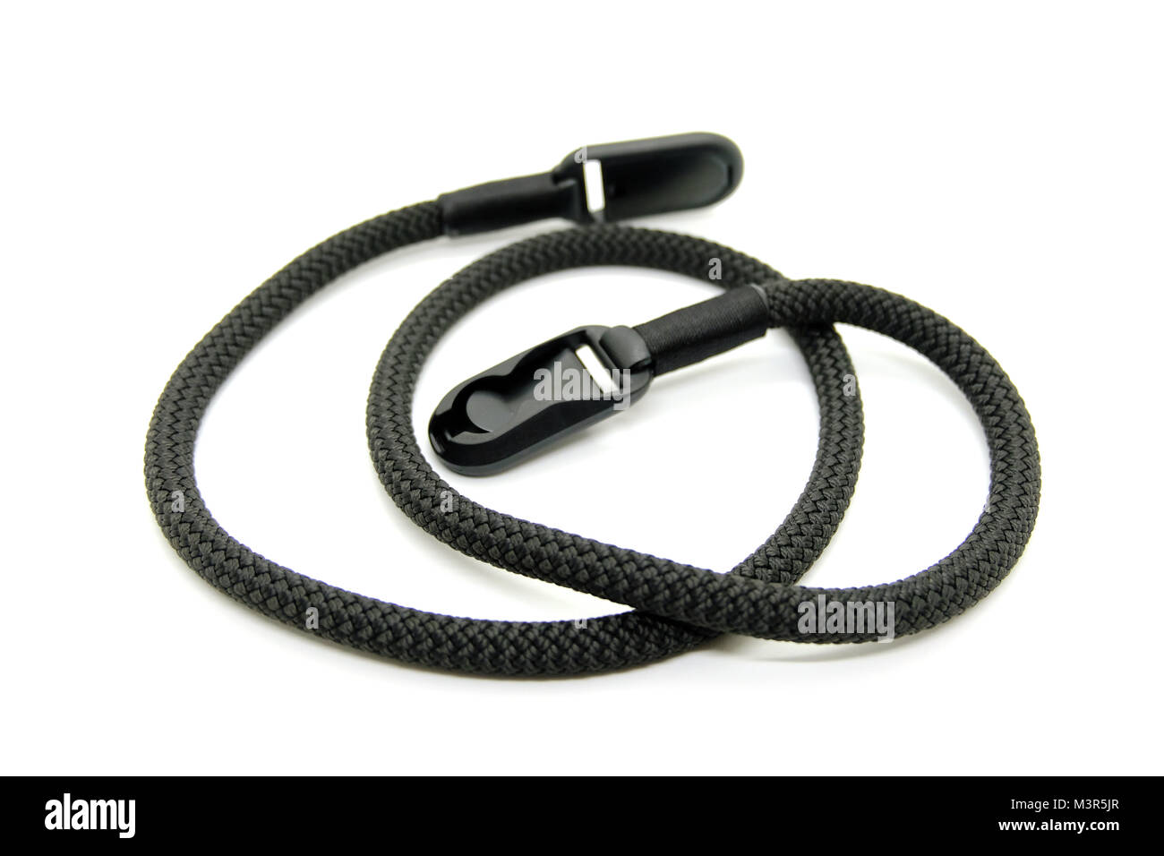 Black camera strap hand made design climbing rope strength for photographer on white isolated background Stock Photo