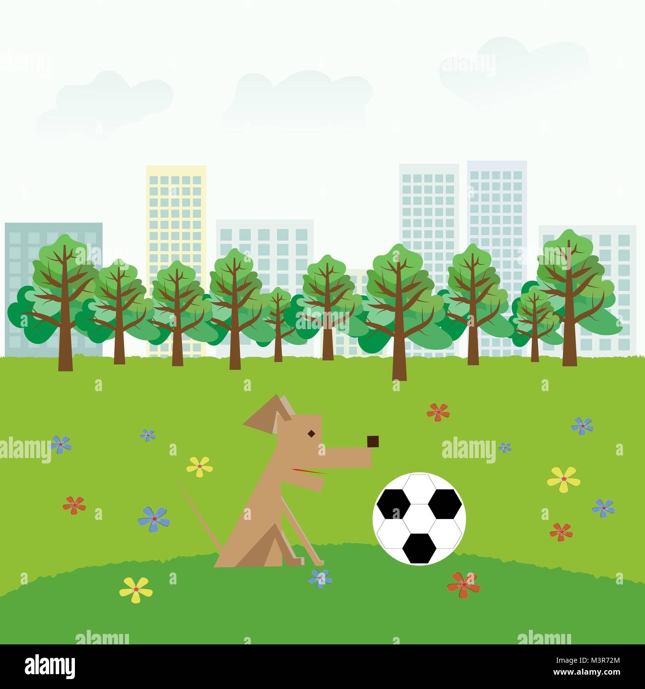 A dog plays with a ball in a city park Stock Vector