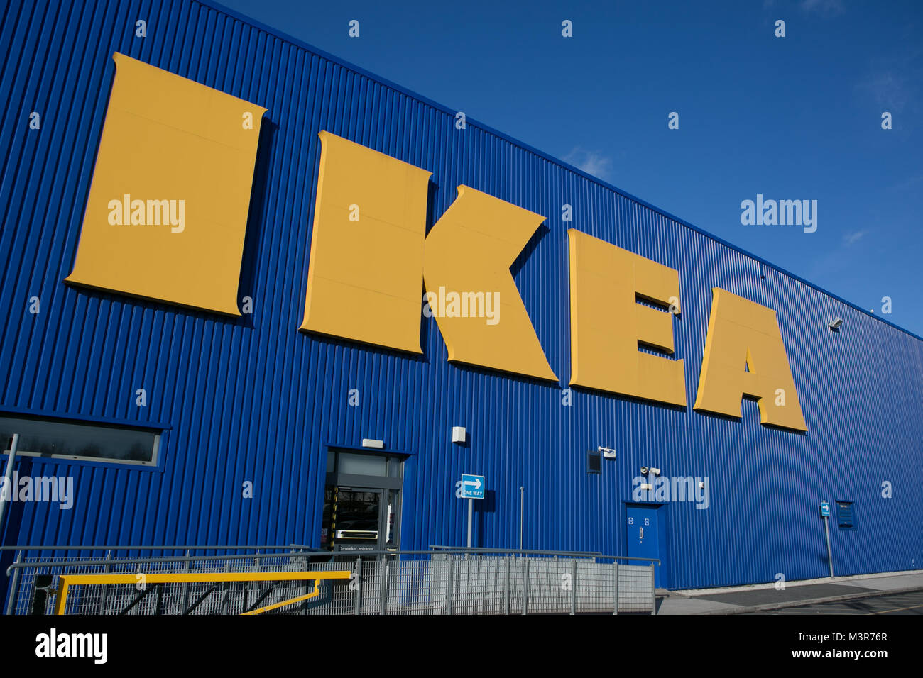 Front of IKEA store with large yellow letters. Taken 12th February 2018 after IKEA founder Ingvar Kamprad died aged 91. Stock Photo