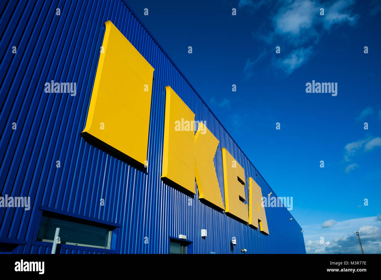 Front of IKEA store with large yellow letters. Taken 12th February 2018 after IKEA founder Ingvar Kamprad died aged 91. Stock Photo