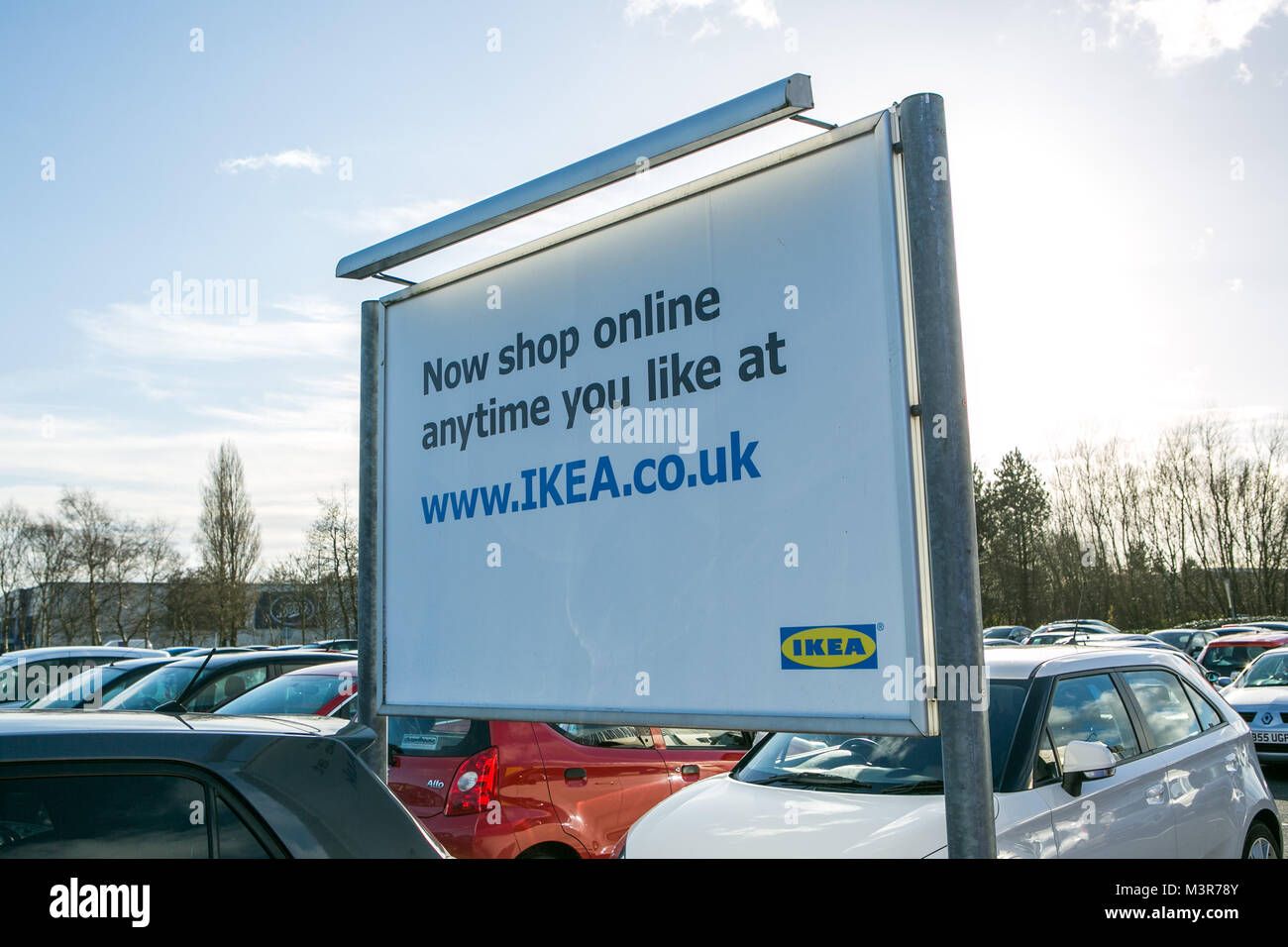 IKEA online shopping sign in a busy car park. Taken 12th February 2018 after IKEA founder Ingvar Kamprad died aged 91. Stock Photo