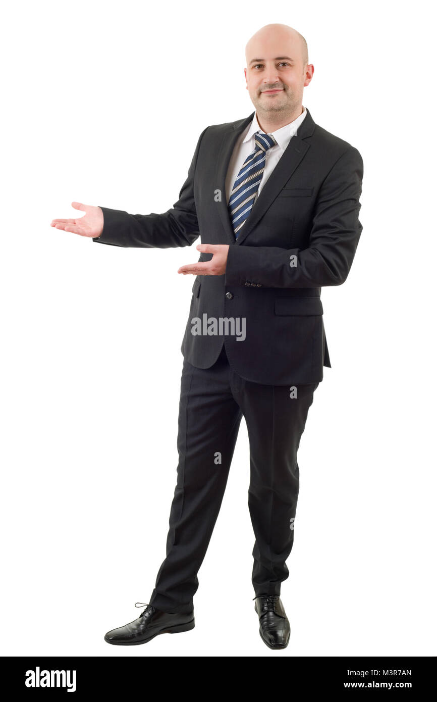Handsome businessman with arm out in a gesture, isolated on