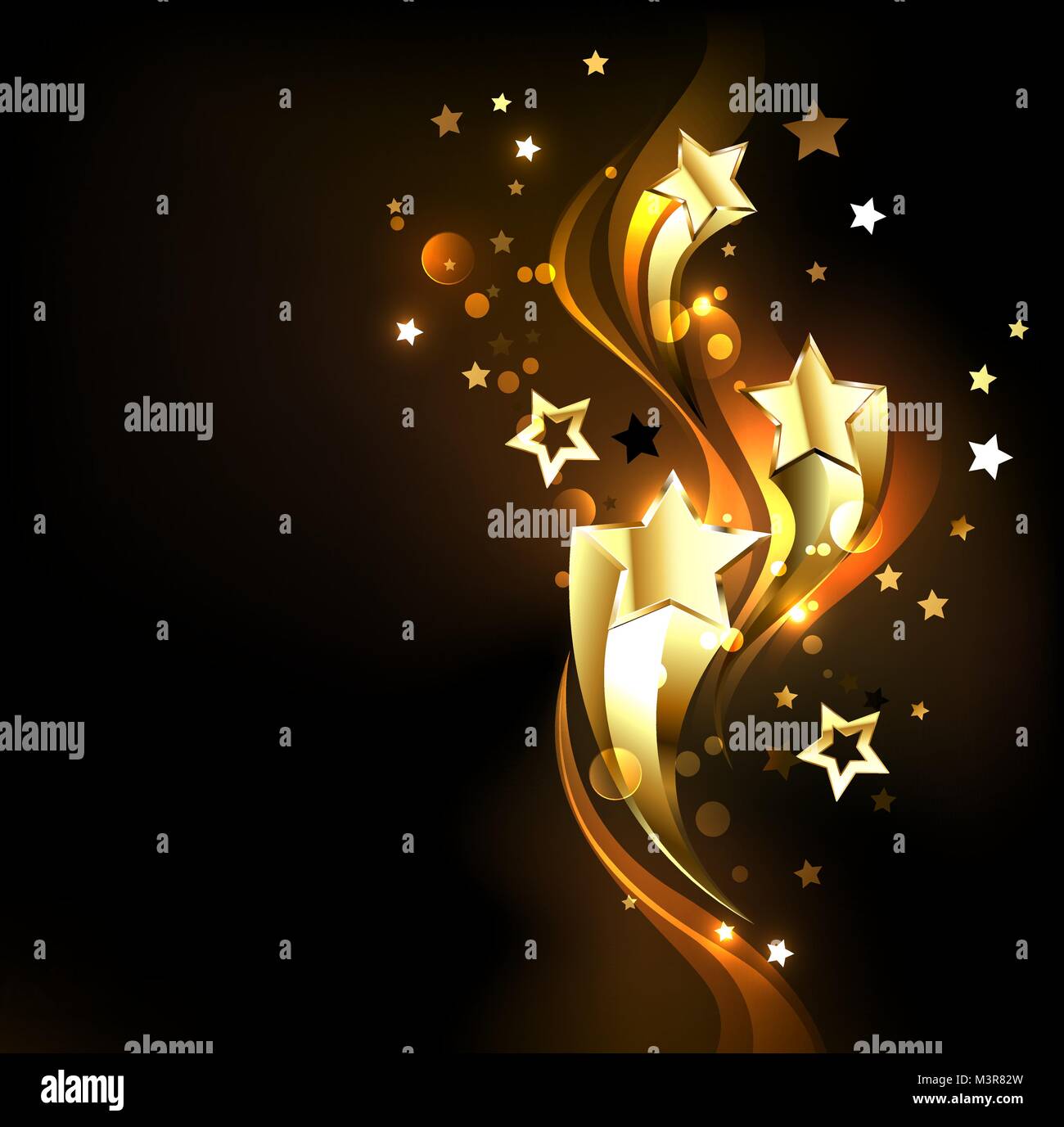 Three soaring, golden, shining stars on a dark background. Design with gold stars. Stock Vector