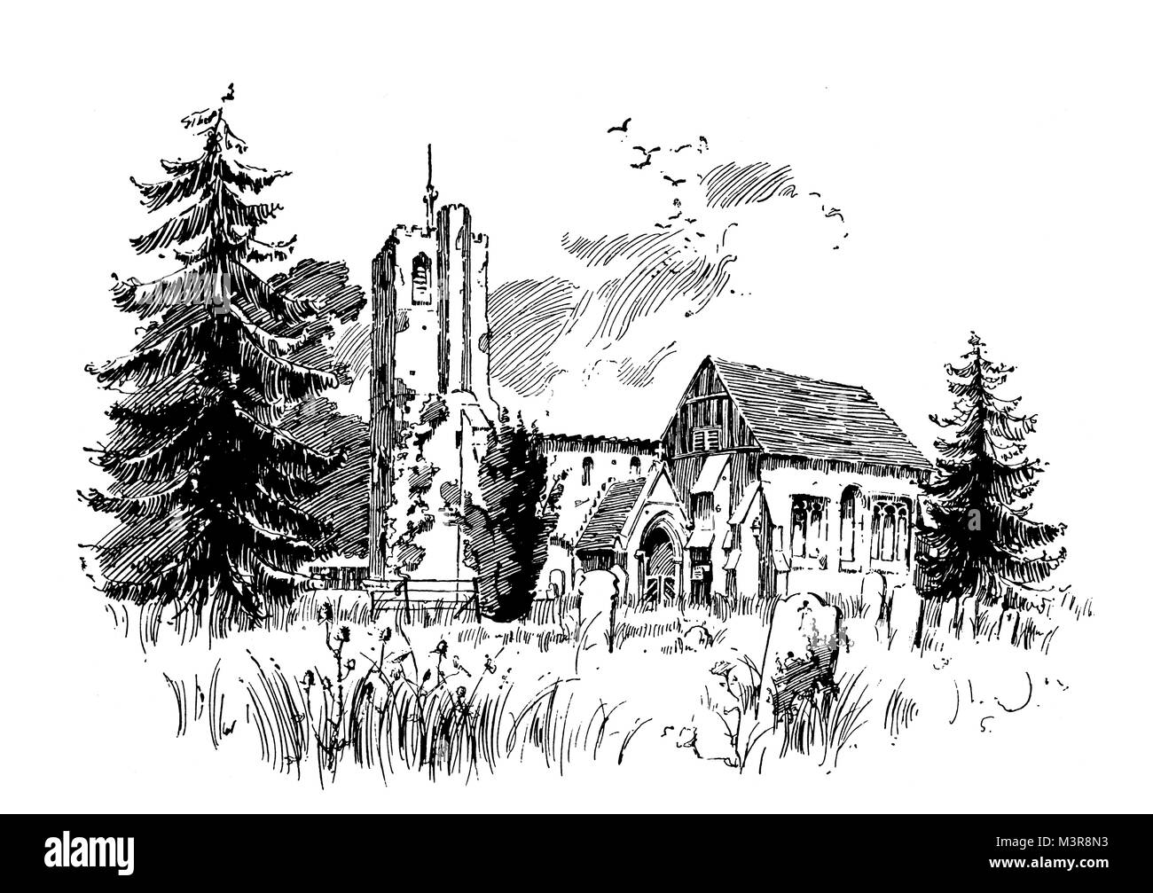 St Michael's Church, St Albans in 1880s, line illustration by O Myhill Pittman, from 1895 The Studio an Illustrated Magazine of Fine and Applied Art Stock Photo