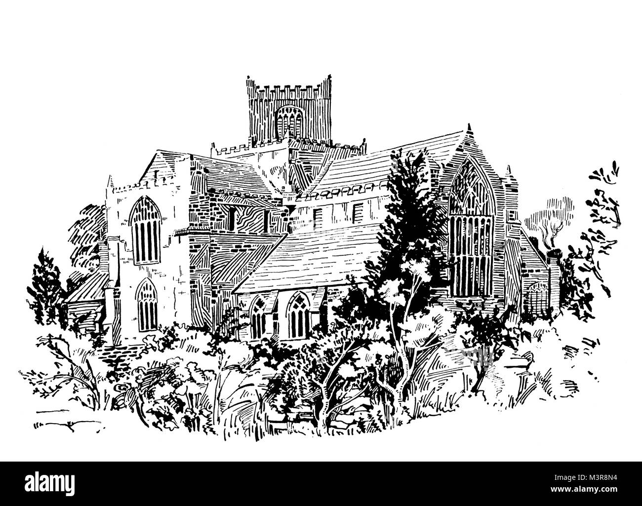 Cartmel Priory Church, Cumbria, in 1800s, line illustration by T C Galbrith of Brighouse, from 1895 The Studio an Illustrated Magazine of Fine and App Stock Photo