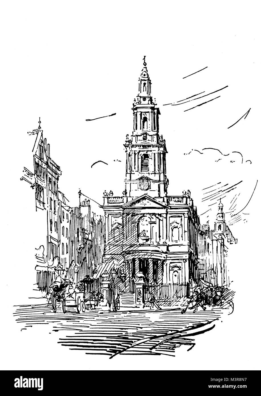 Church of St Mary Le Strand, London, in 1880s,  line illustration by etcher, illustrator and painter Hanslip Fletcher, from 1895 The Studio an Illustr Stock Photo