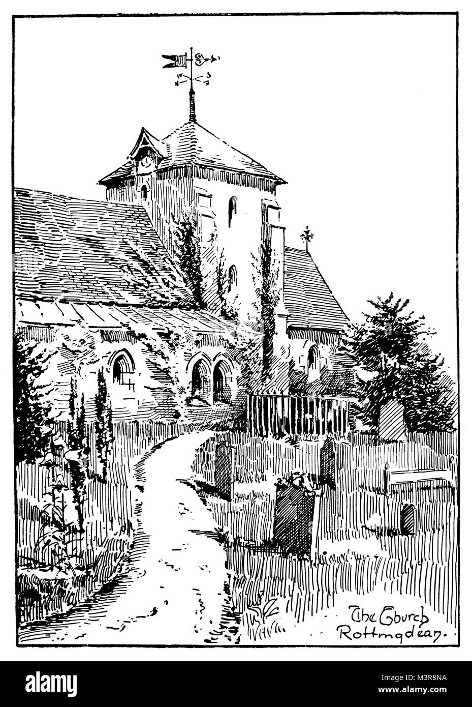 St Margaret’s Church, Rottingdean,  East Sussex in 1880s, line illustration by F E Tomlinson, from 1895 The Studio an Illustrated Magazine of Fine and Stock Photo