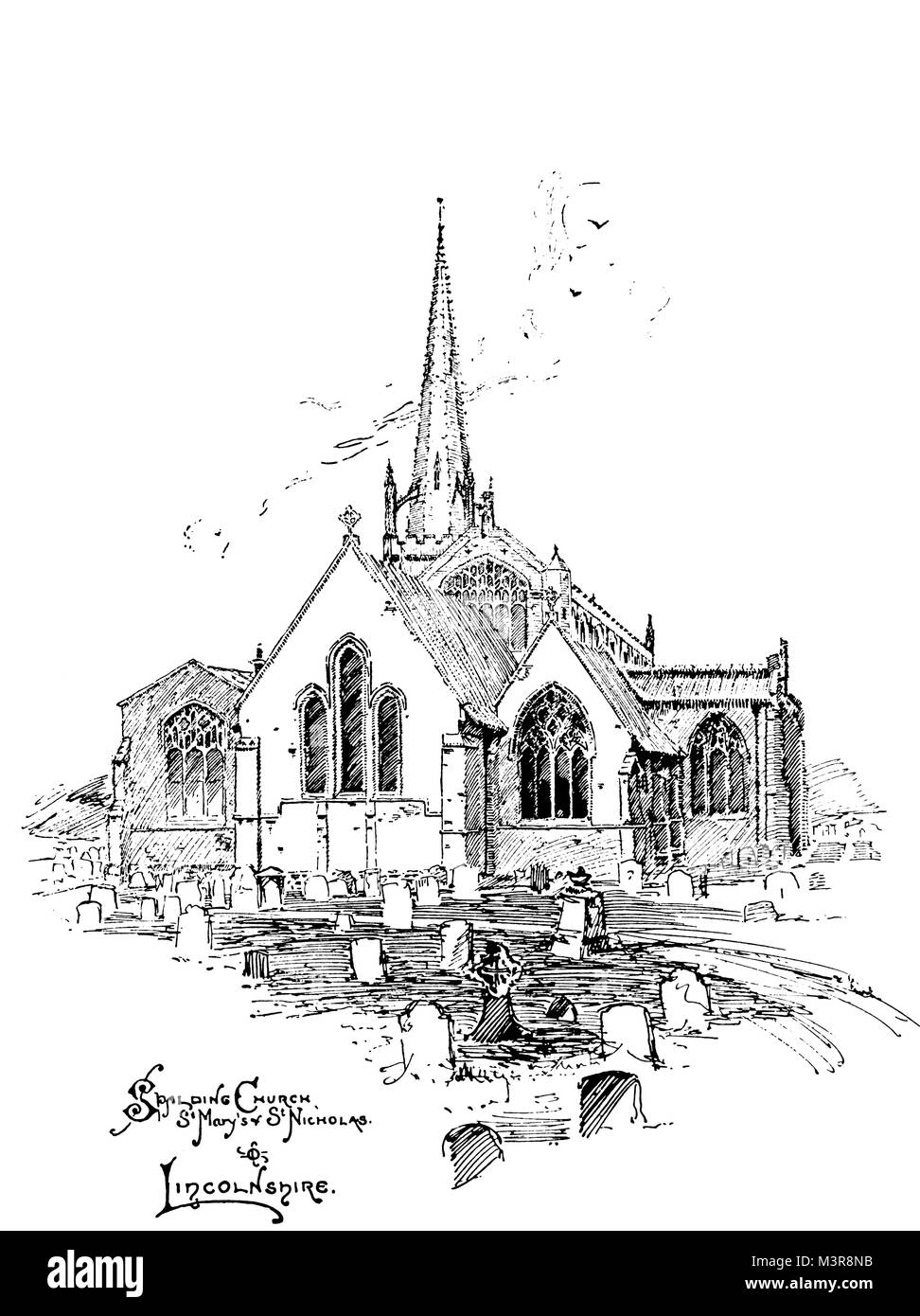 Church of St Mary and St Nicholas, Spalding, Lincolnshire in 1880s, line illustration by Oswald Chambers, from 1895 The Studio an Illustrated Magazine Stock Photo