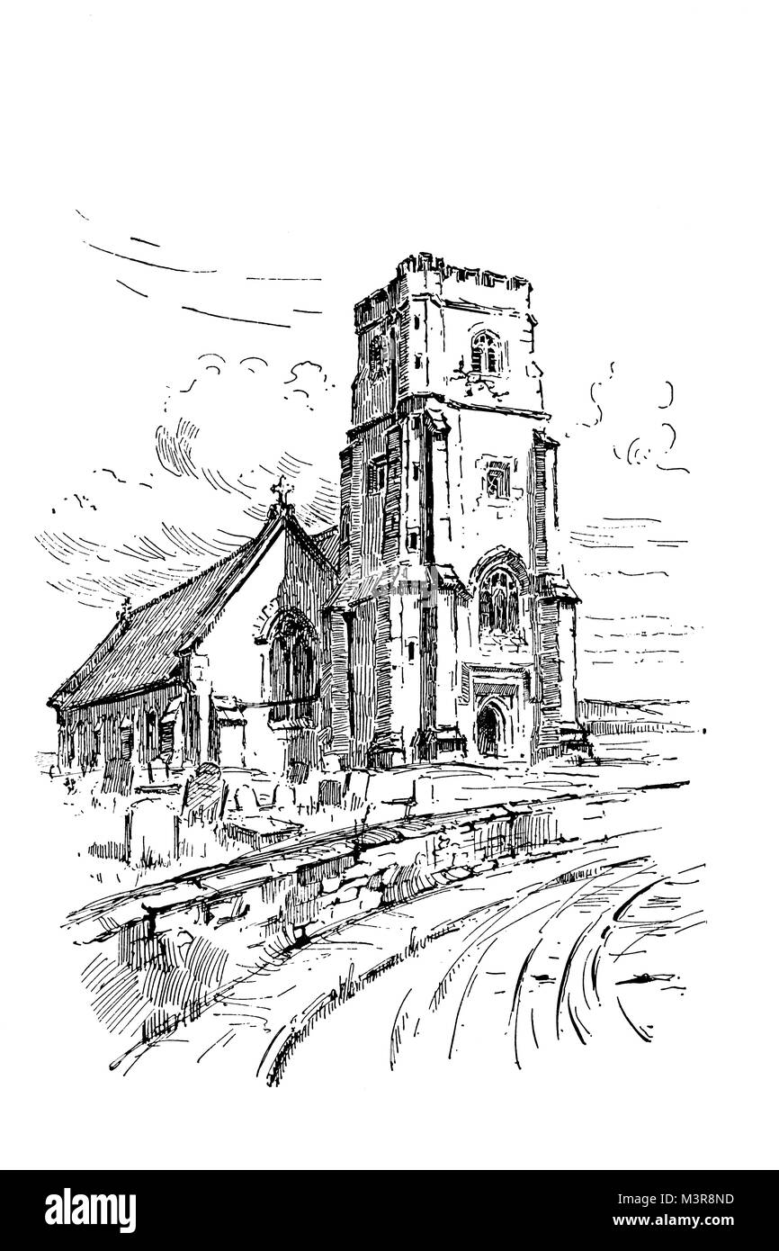 St Edward’s Church, Eggbuckland near Plymouth, Devon in 1880s, line illustration by Stanley Nicholson Babb, from 1895 The Studio an Illustrated Magazi Stock Photo