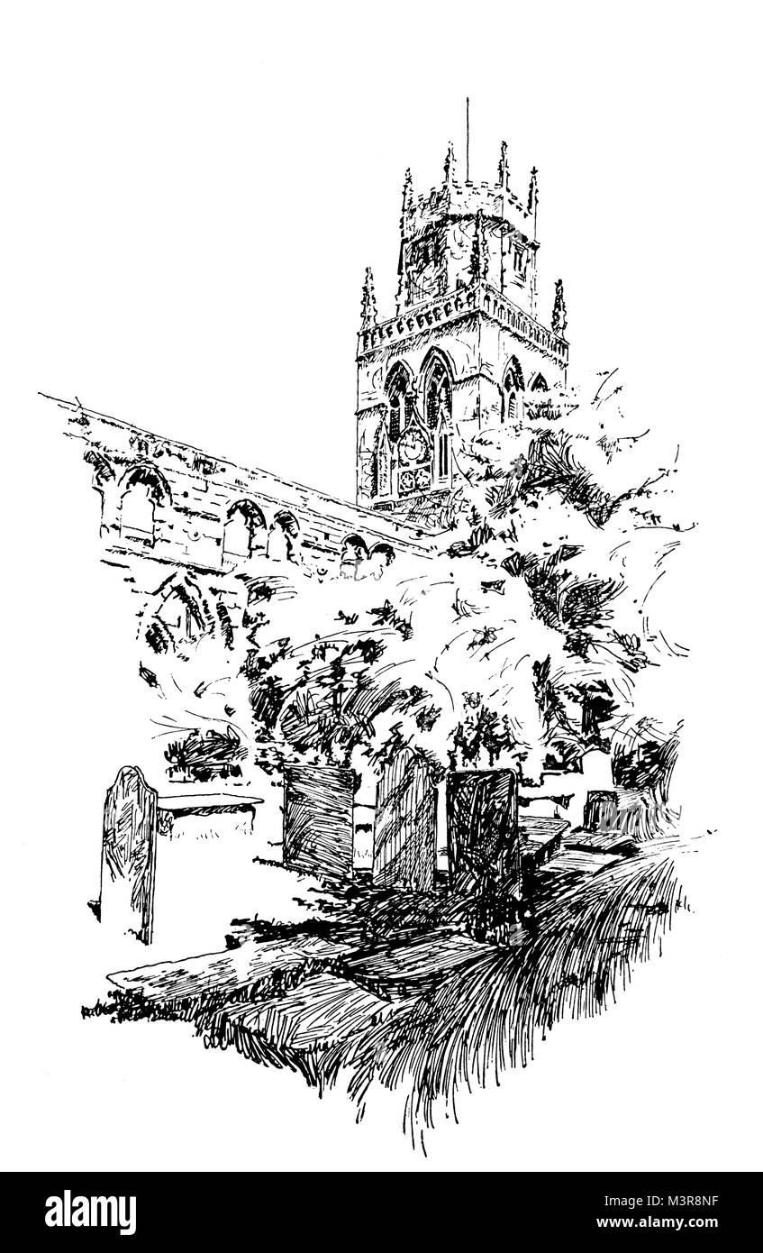 All Saints Church, Pontefract, Yorkshire in 1880s, early line illustration (age 12) by painter, illustrator and artist Charles Pears, from 1895 The St Stock Photo