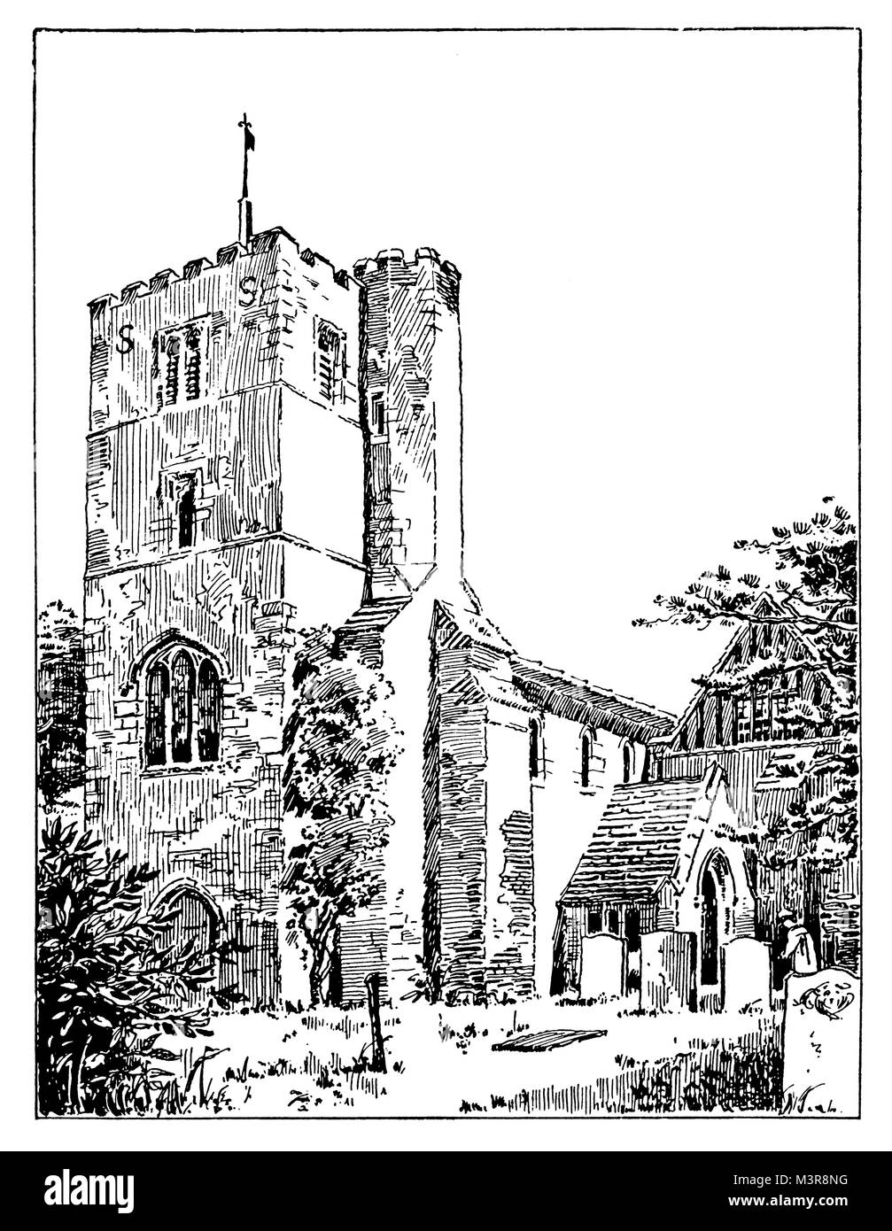 Saint Michael’s Church, St Albans, Hertfordshire in 1880s, line illustration from 1895 The Studio an Illustrated Magazine of Fine and Applied Art Stock Photo