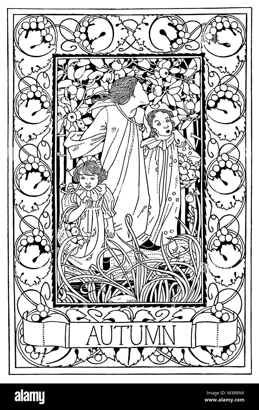 Autumn, line illustration depicting children in apple orchard by female artist Evelyn Holden of Birmingham from 1895 The Studio an Illustrated Magazin Stock Photo