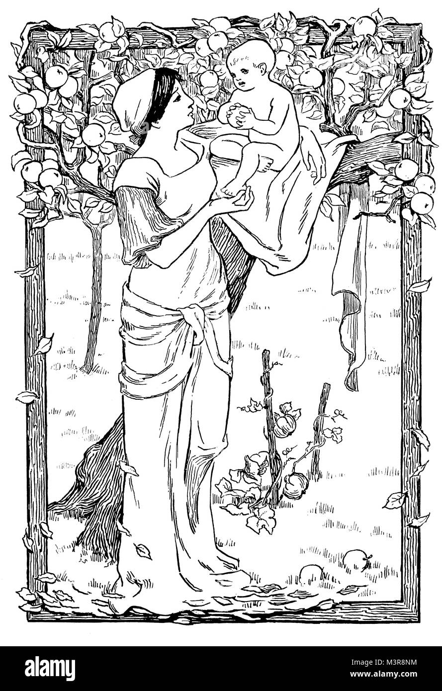 Autumn, line illustration depicting mother and baby in apple orchard by female artist Zillah Taylor of Nottingham from 1895 The Studio an Illustrated  Stock Photo