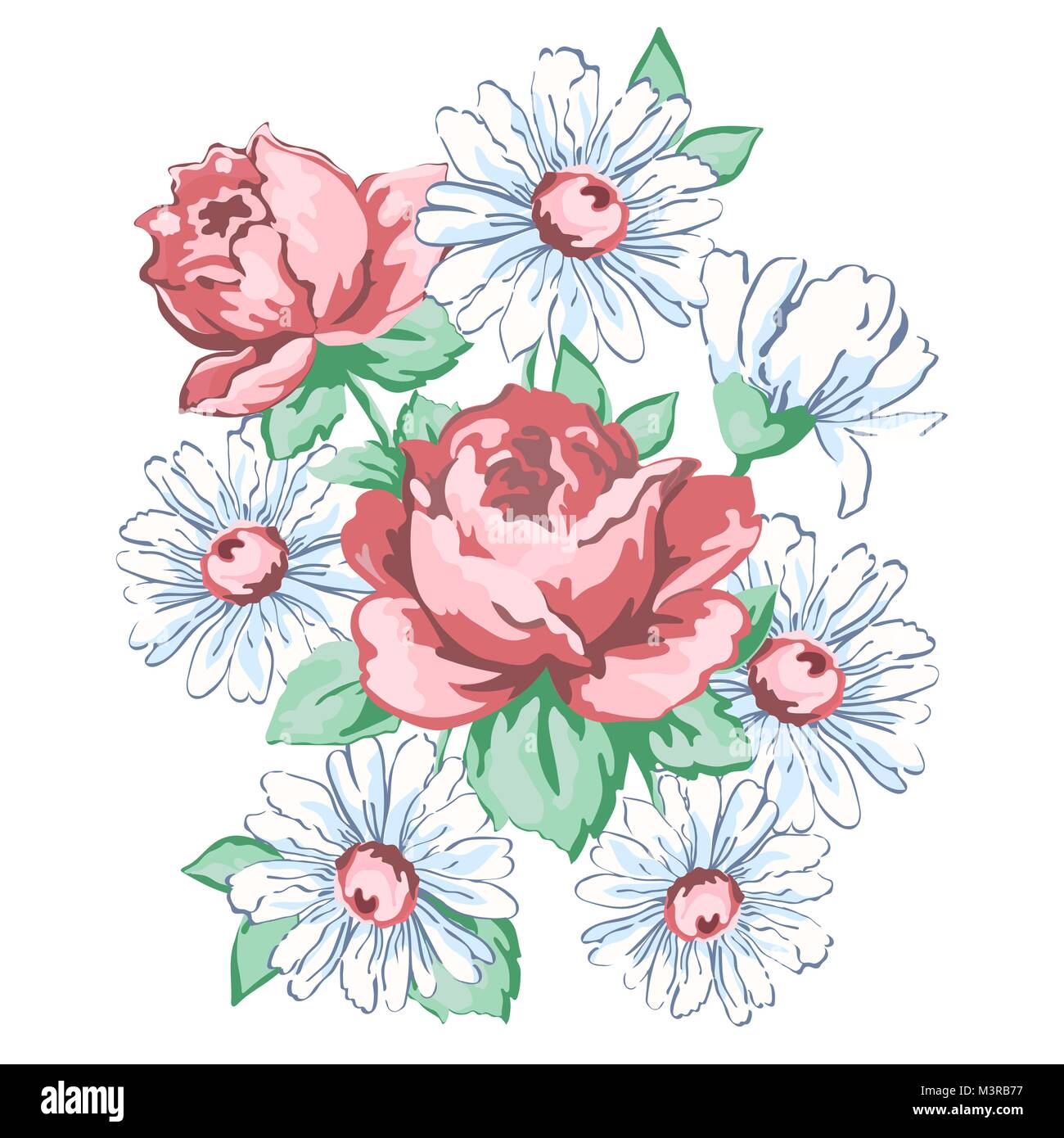 Flowers hand drawn, floral embroidery design, fabric print, vector floral ornament. Hand drawing flower composition from roses and chamomile, buds, pe Stock Vector