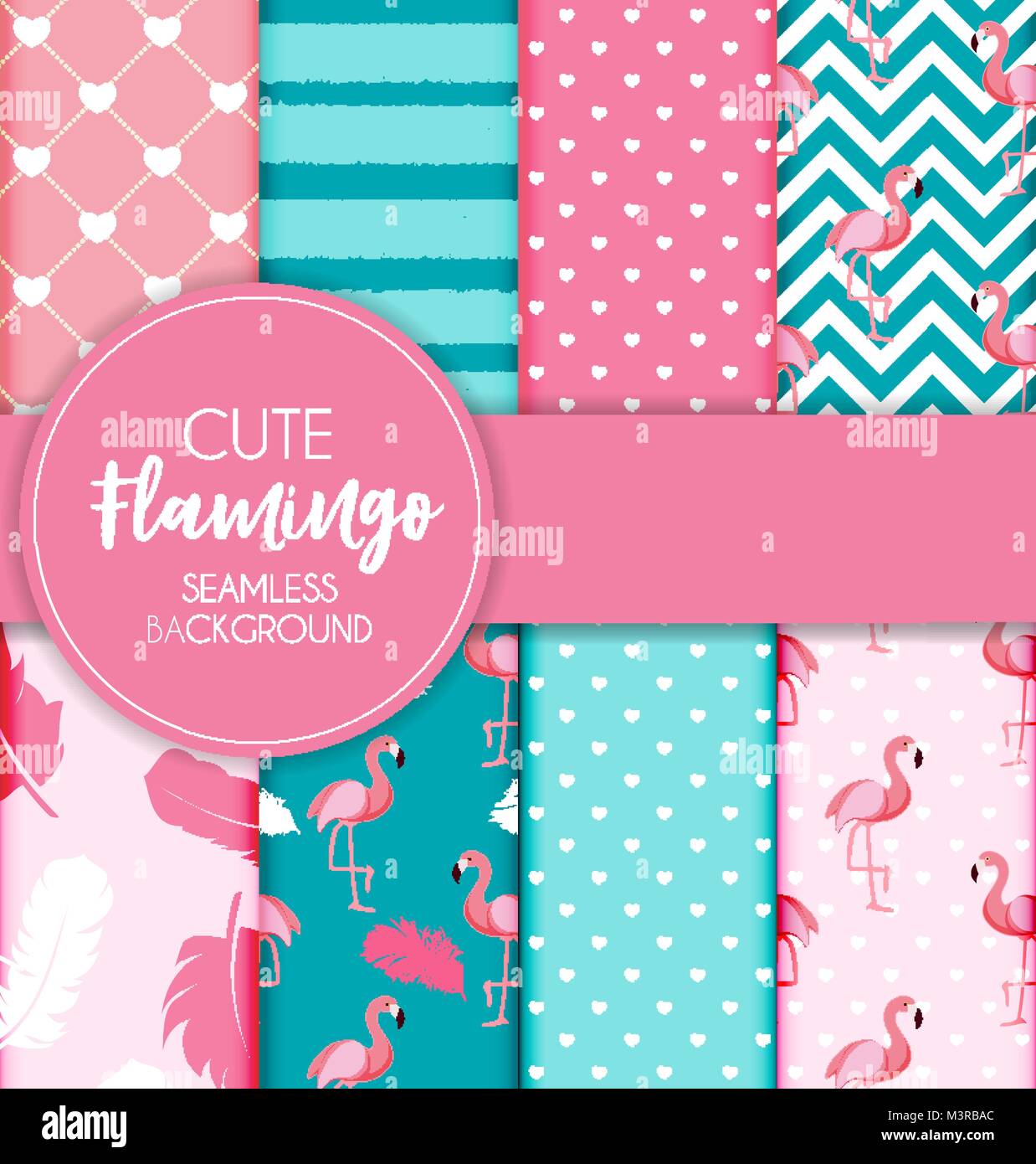 Cute Retro Seamless Flamingo Pattern Collection Set Background Vector ...