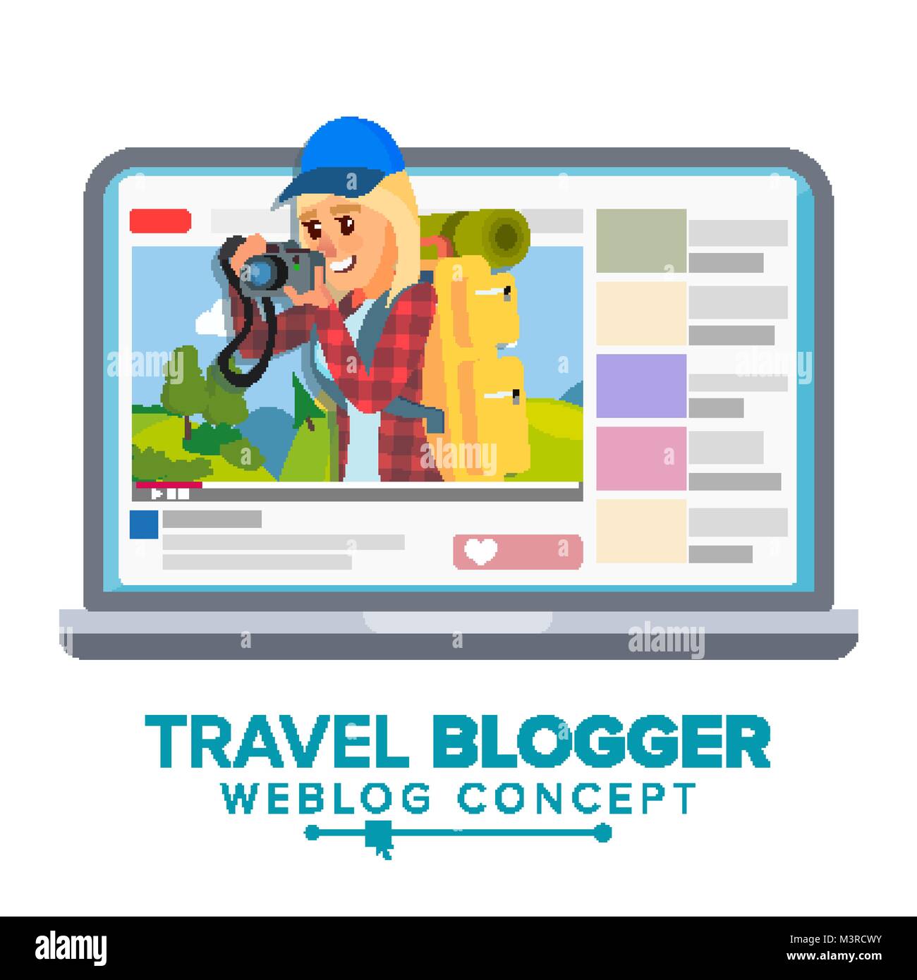 Travel Weblog Concept Vector. Personal Blog About Tourism And Hiking. Blogosphere Online. Girl Videoblogger. Isolated Flat Cartoon Illustration Stock Vector