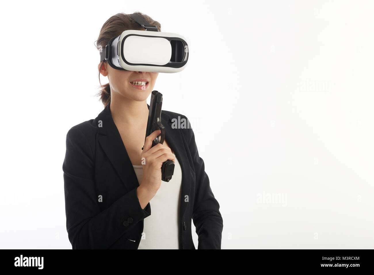 woman agent using virtual reality interface with gun Stock Photo