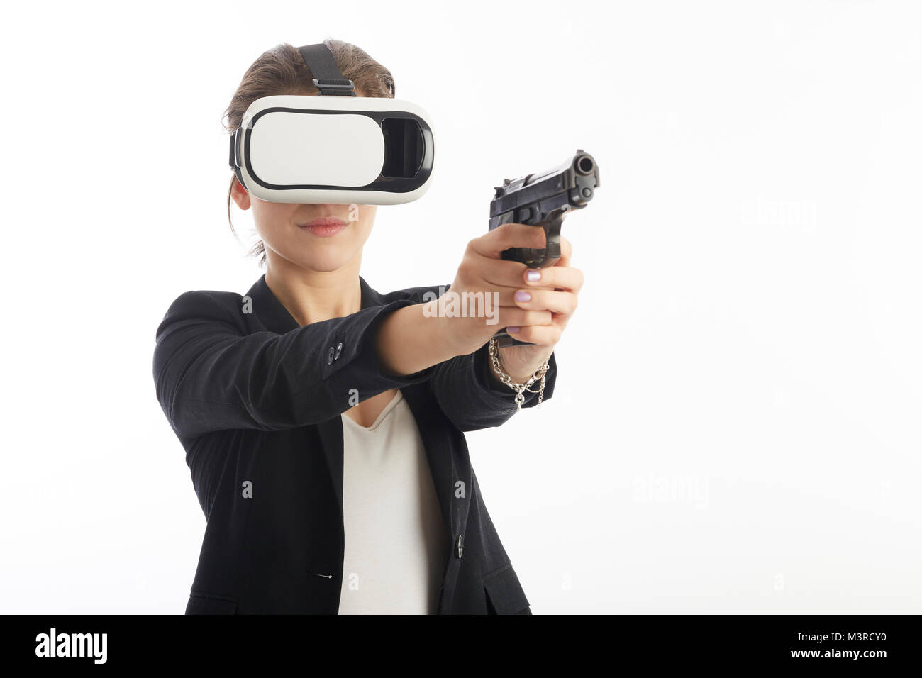 woman agent using virtual reality interface with gun Stock Photo Alamy