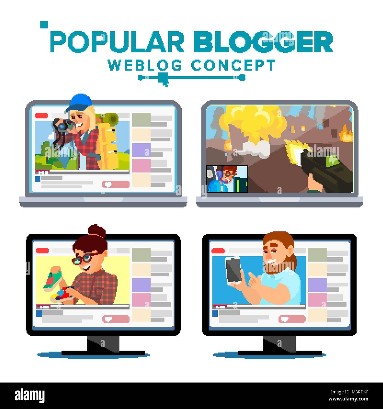 Video Streamer Set Vector. Personal Weblog Channel. Blogosphere Online. Popular Videobloggers. Isolated Illustration Stock Vector