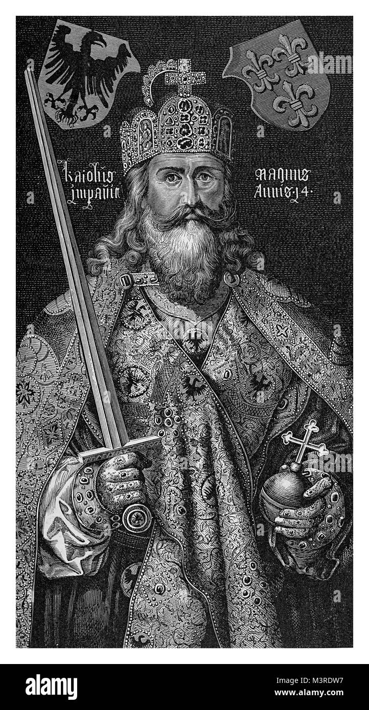 Engraving portrait of Charlemagne or Charles the Great (742-814) from a painting of Albrecht Durer dated 1510 Stock Photo
