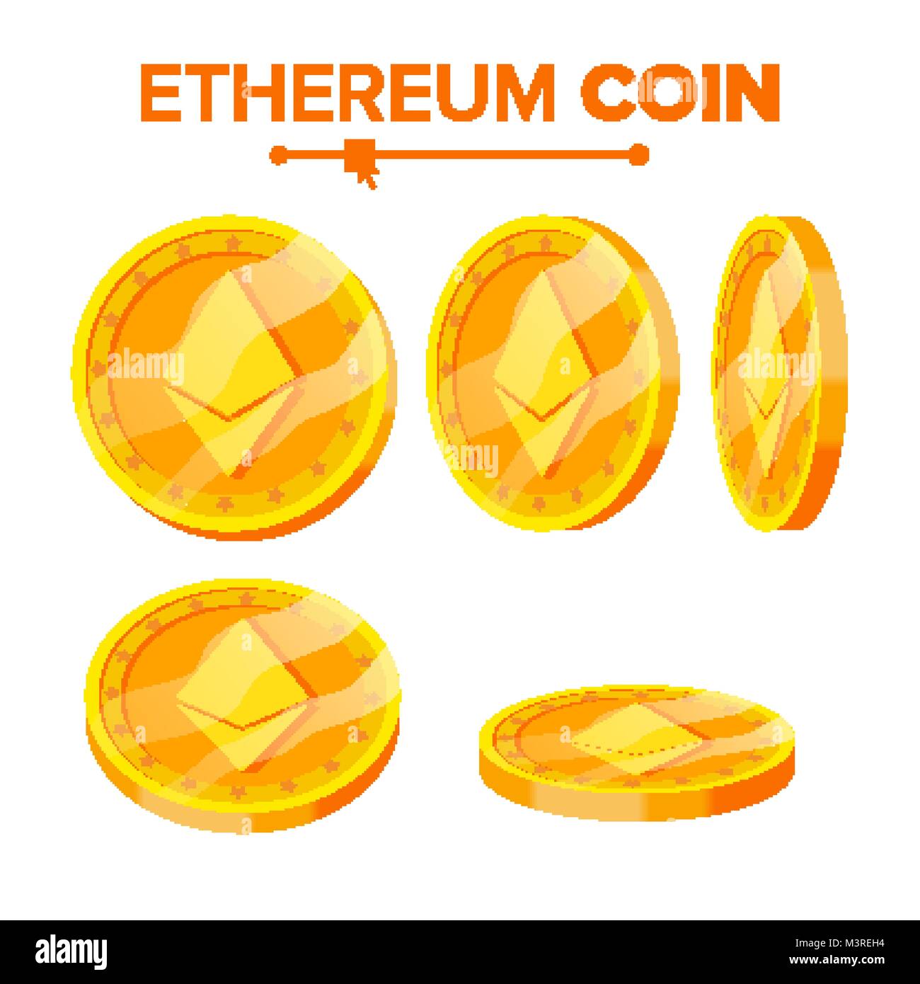 Ethereum Gold Coins Vector Set. Flip Different Angles. Ethereum Virtual ...