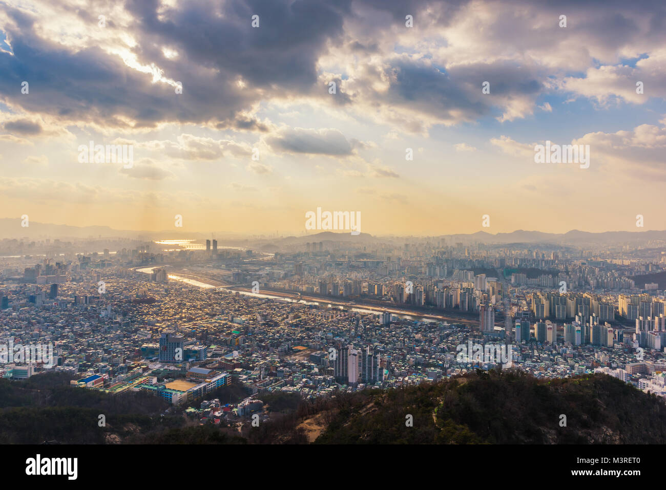 Sunset at Seoul City Skyline, The best view of South Korea. Stock Photo