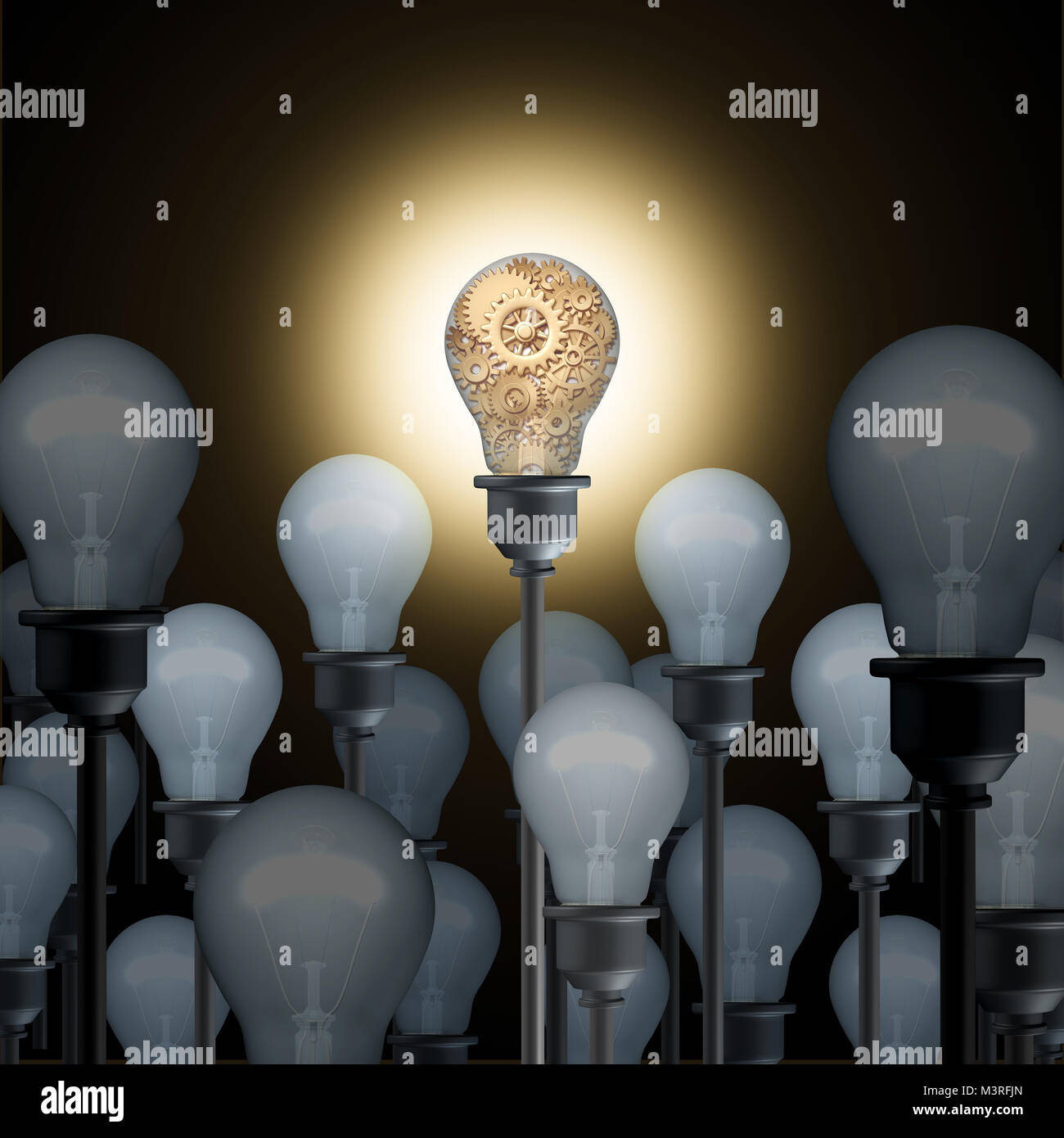 Innovation concept with light bulbs as a business or industry technology ingenuity idea and inspiration symbol as a 3D illustration. Stock Photo