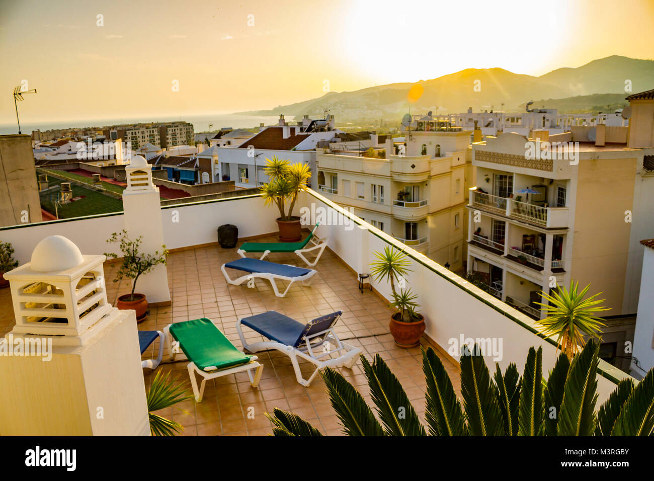 Rooftop terrace relax in Spanish white city with coastline Stock Photo