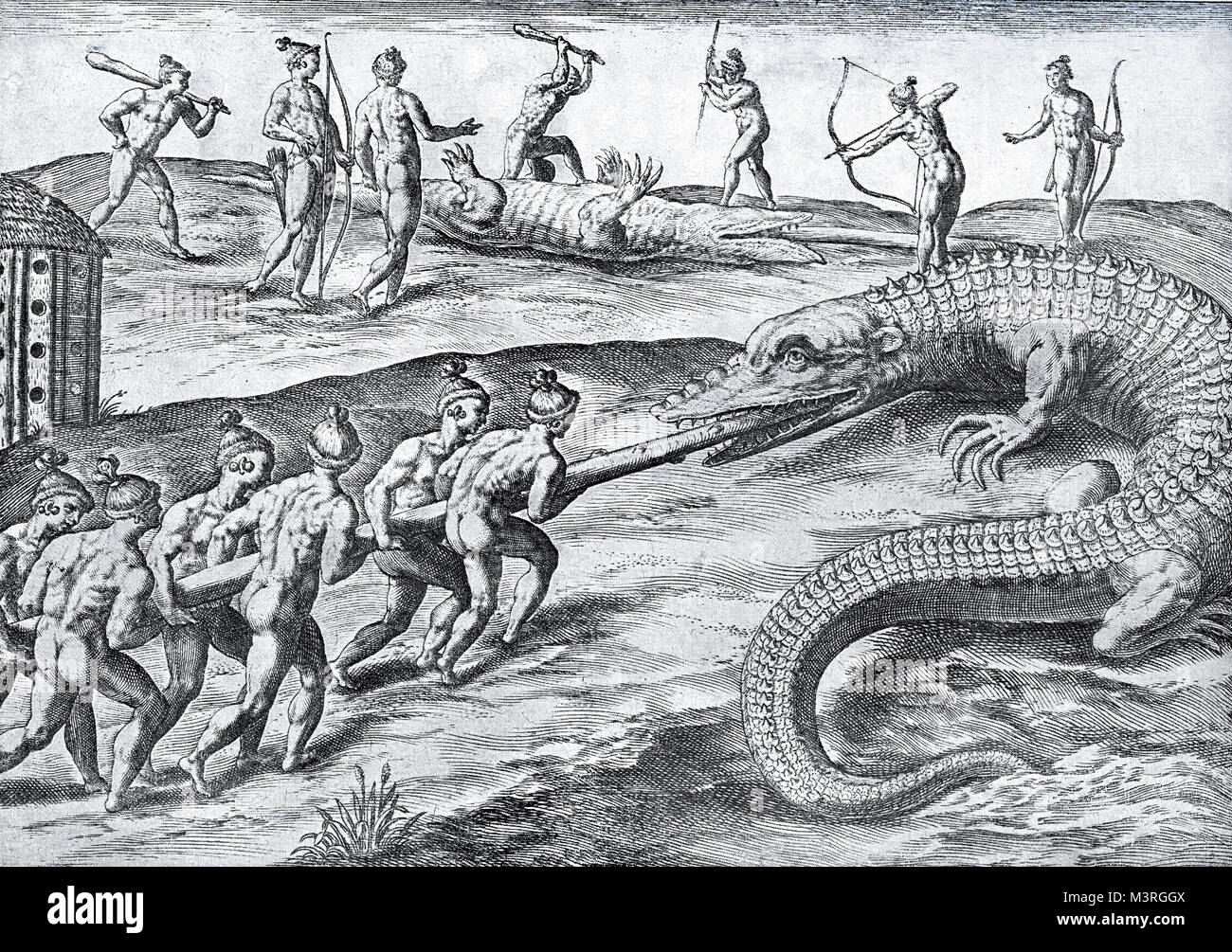 Vintage engraving of crocodile hunt from Florida natives, year 1591 Stock Photo