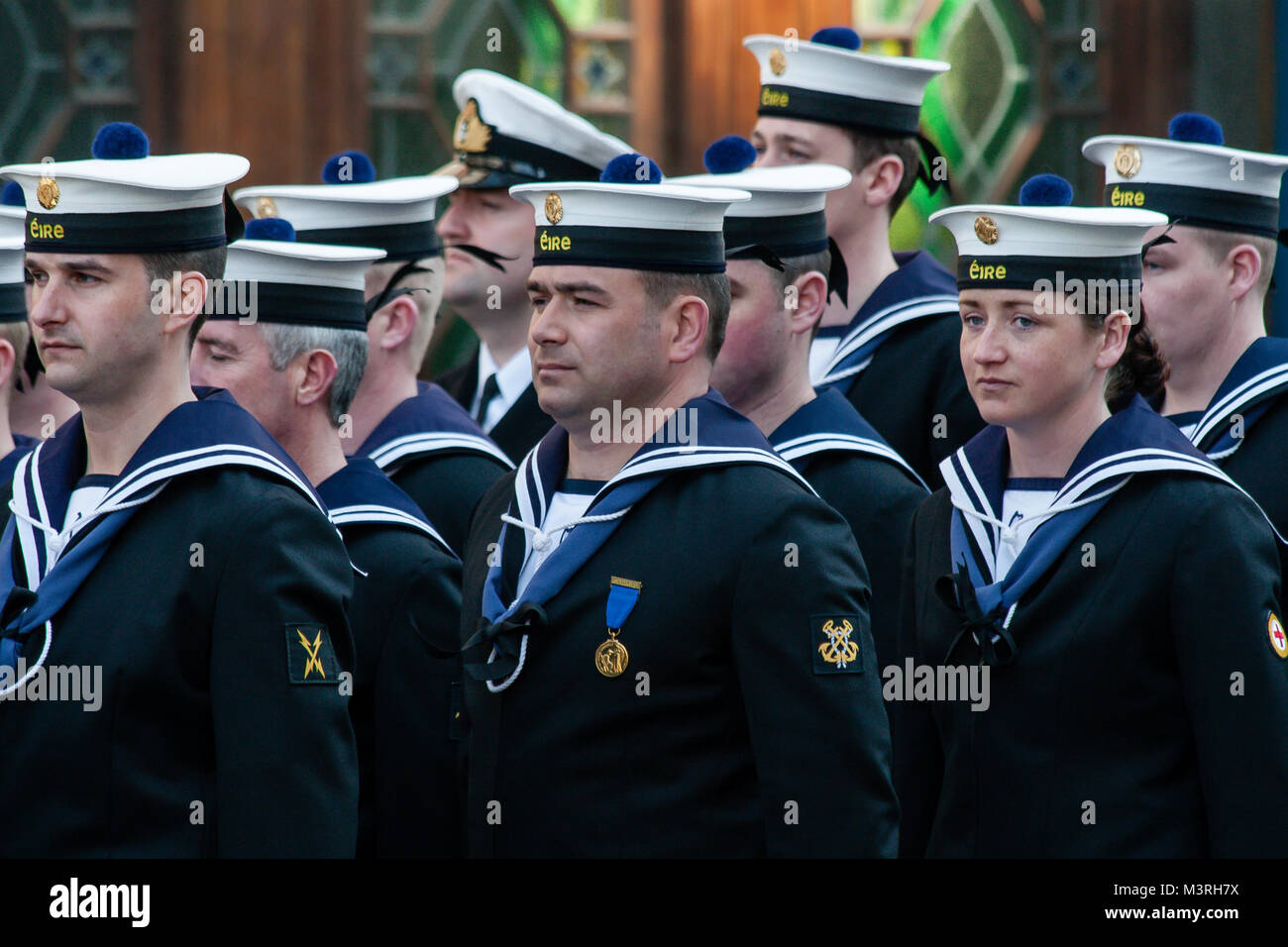 Irish Naval Service Warrant Officers standing ready for the parade at the 1916 Easter Rising commemoration in Dublin City Center, Ireland Stock Photo
