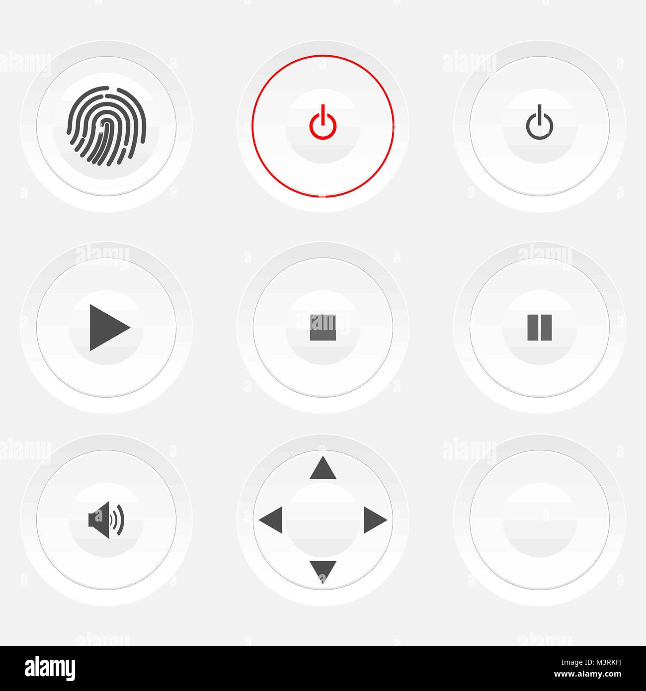 White round knobs with symbols; fingerprint, standby (red/black for on ...