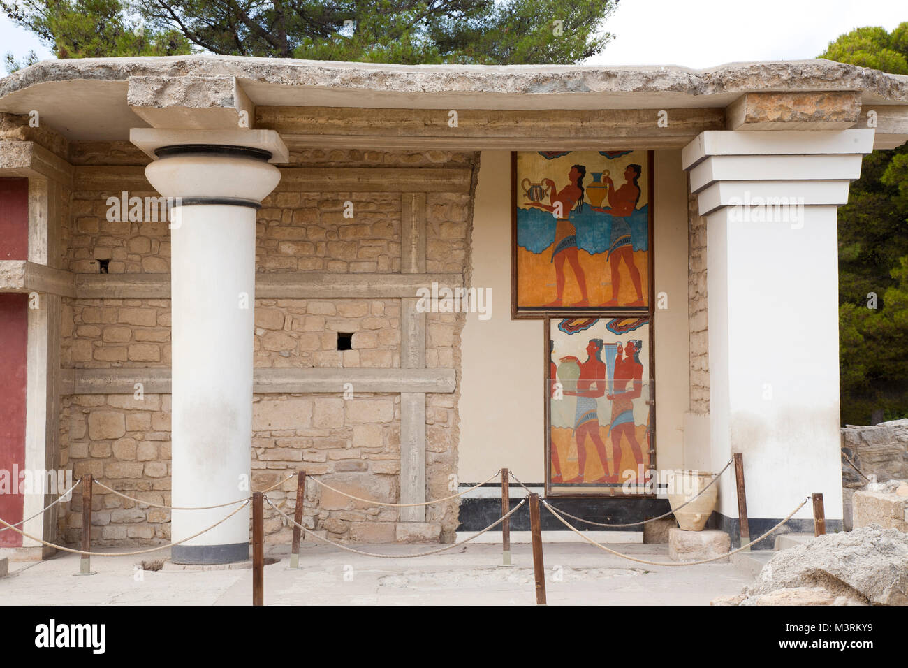 South propylaeum, Cup bearer fresco and Procession fresco, Knossos palace archaeological site, Crete island, Greece, Europe Stock Photo