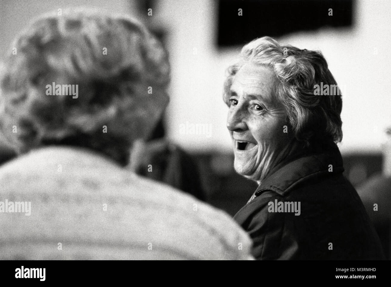 Elderly lady in audience at small eisteddfod in village hall at Y Graig Dyfed Wales UK Stock Photo