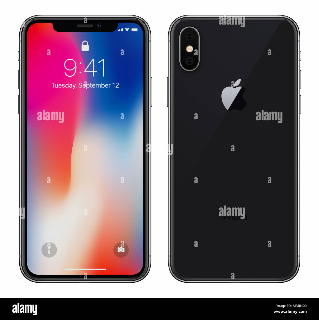 Black Apple iPhone X with iOS 11 lockscreen front side and back side isolated on white background. Stock Photo