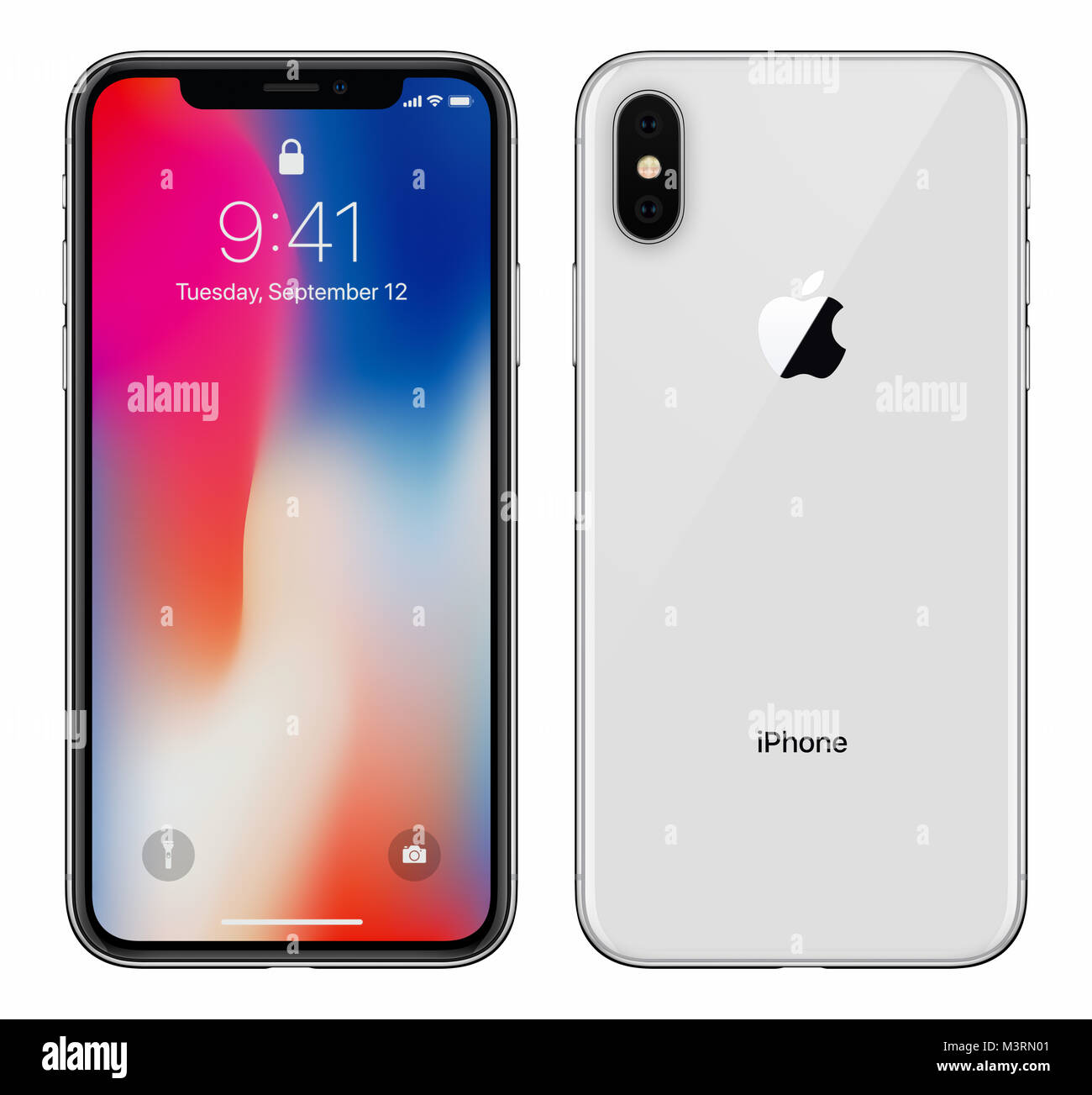 White Apple iPhone X with iOS 11 lockscreen front side and back side isolated on white background. Stock Photo