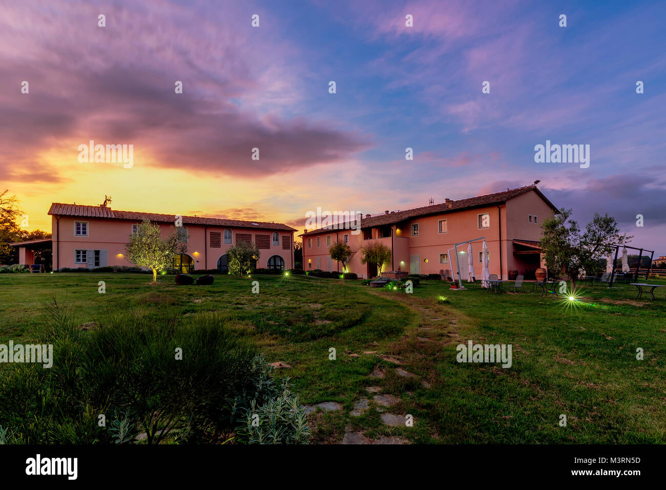 Spectacular sunset on the country resort in the Tuscan countryside, Pontedera, Pisa, Tuscany, Italy Stock Photo