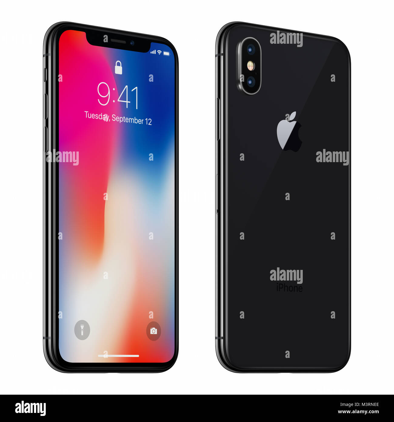 Black rotated Apple iPhone X with iOS 11 lockscreen front side and back side isolated on white background. Stock Photo