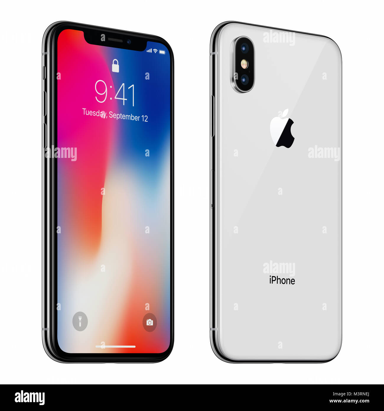 White rotated Apple iPhone X with iOS 11 lockscreen front side and back side isolated on white background. Stock Photo