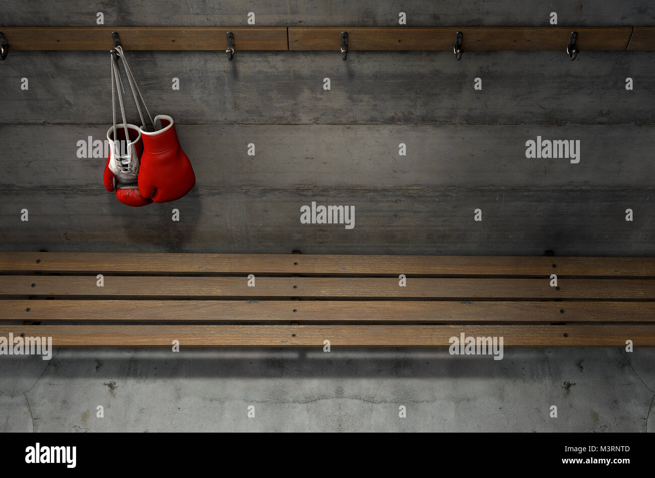 Spotlit boxing gloves hanging on a hanger above an empty wooden bench in a locker change room - 3D render Stock Photo